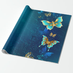Papel De Regalo Mariposas doradas sobre fondo azul