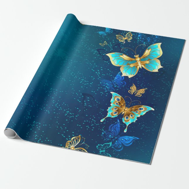 Papel De Regalo Mariposas doradas sobre fondo azul (Desenrollado)