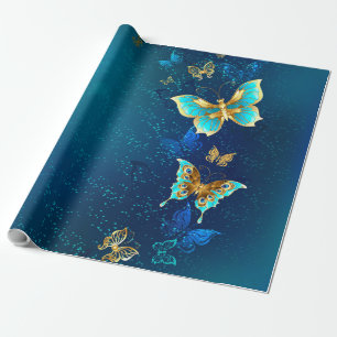 Papel De Regalo Mariposas doradas sobre fondo azul
