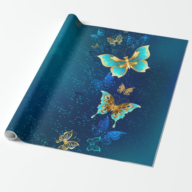 Papel De Regalo Mariposas doradas sobre fondo azul (Desenrollado)