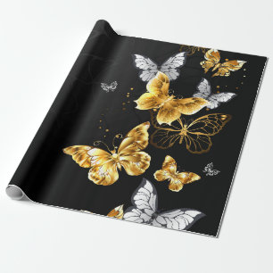Papel De Regalo Mariposas doradas y blancas