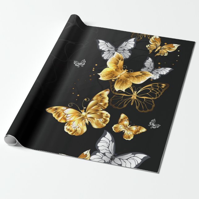 Papel De Regalo Mariposas doradas y blancas (Desenrollado)
