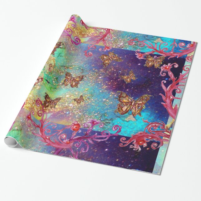 PAPEL DE REGALO MARIPOSAS EN GOLD YELLOA AQUA AQUELLOS AZULES (Desenrollado)