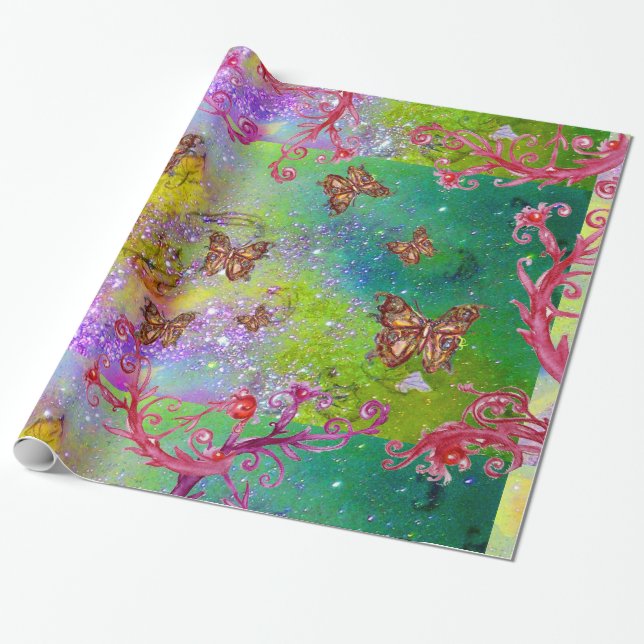 PAPEL DE REGALO MARIPOSAS EN ROJO AMARILLO PURPLE VERDE (Desenrollado)