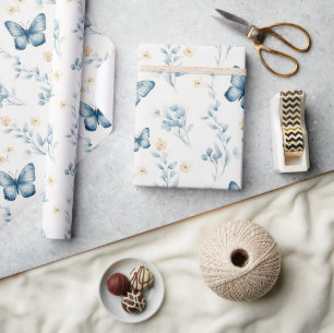 Papel De Regalo Mariposas Flores Cumpleaños Blancas Azules