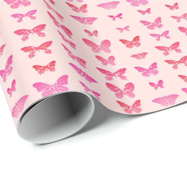 Papel De Regalo Mariposas, fondo rosa profundo, rosa pálido (Esquina del rollo)