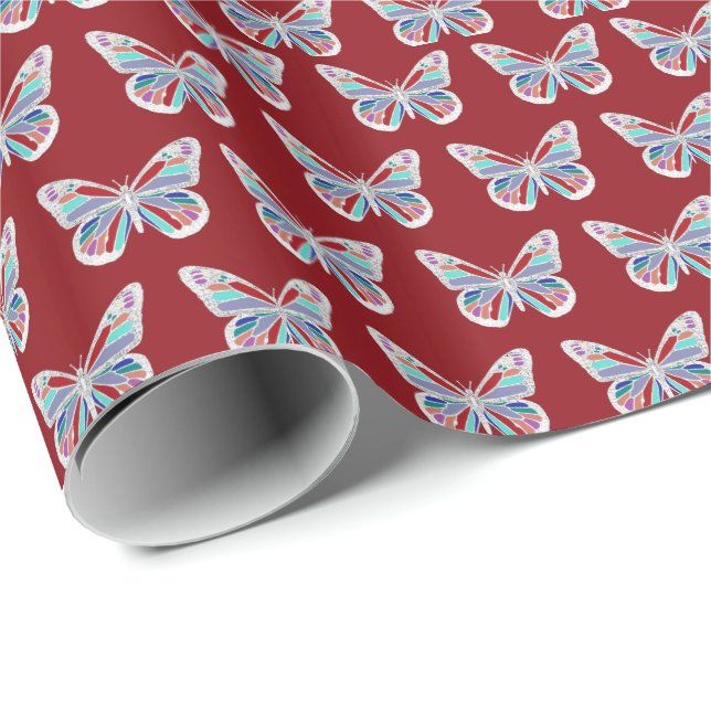 Papel De Regalo Mariposas Joya sobre Burdeos (Esquina del rollo)