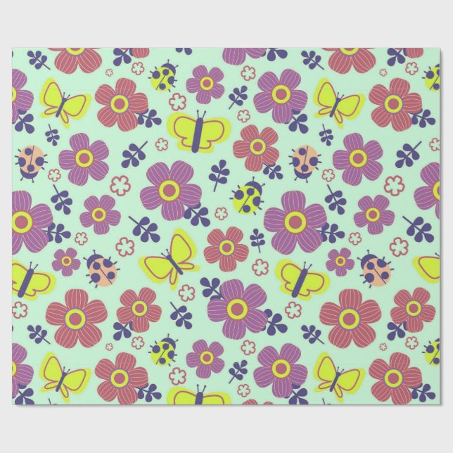 Papel De Regalo Mariposas, Mariquitas, Flores y Hojas (Superficie plana)