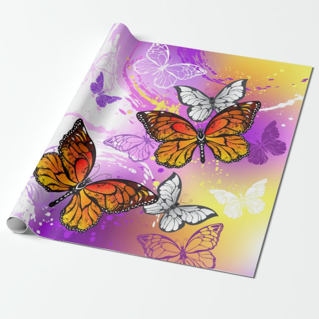 Papel De Regalo Mariposas monarcas en fondo morado (Desenrollado)