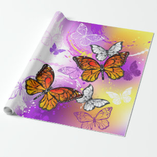 Papel De Regalo Mariposas monarcas en fondo morado