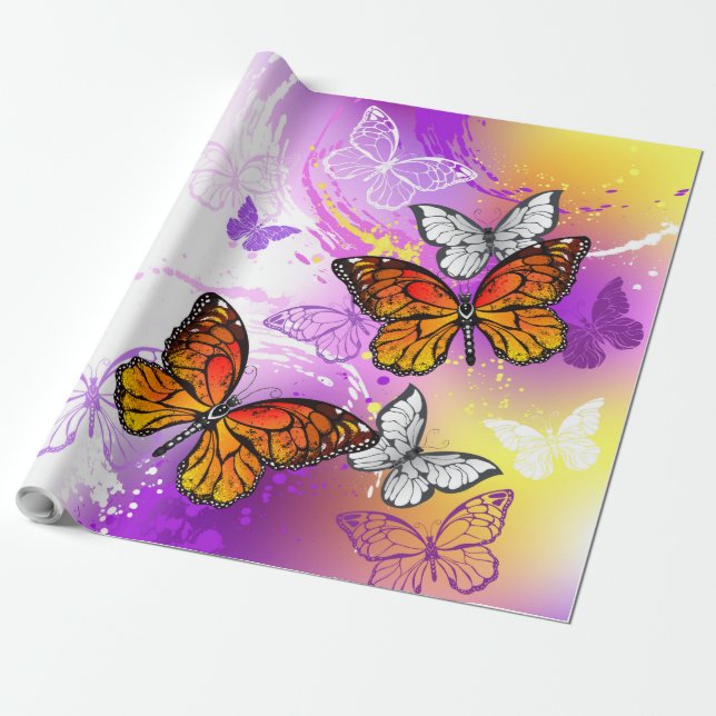 Papel De Regalo Mariposas monarcas en fondo morado (Desenrollado)