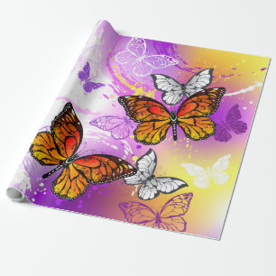 Papel De Regalo Mariposas monarcas en fondo morado