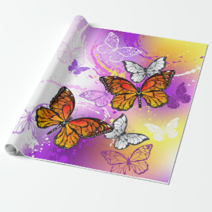 Papel De Regalo Mariposas monarcas en fondo morado