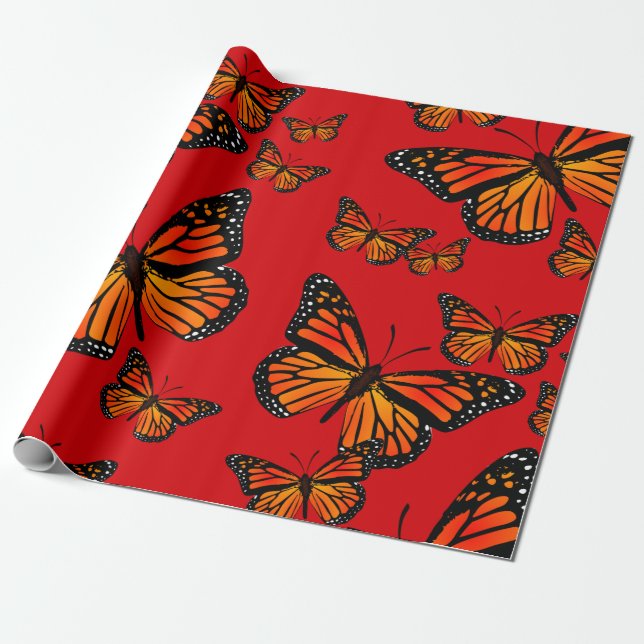 Papel De Regalo Mariposas monarcas en rojo (Desenrollado)