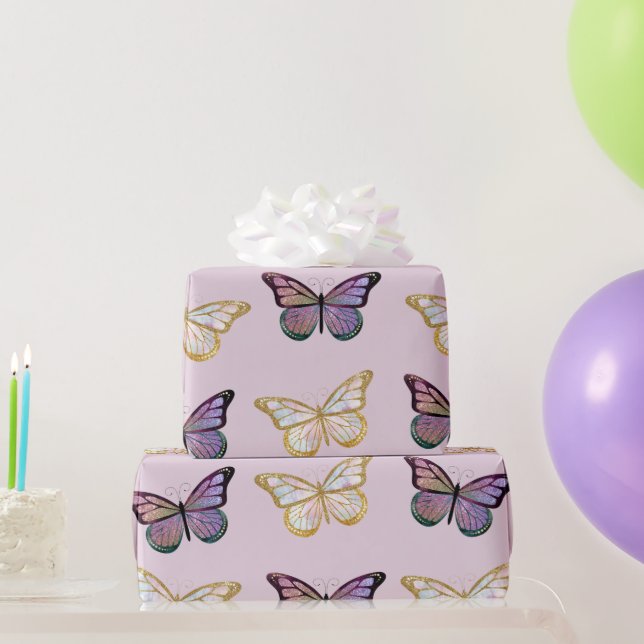 Papel De Regalo Mariposas moradas y doradas (Regalos de fiesta)