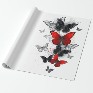 Papel De Regalo Mariposas Morpho voladoras negras y rojas
