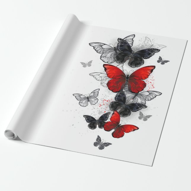 Papel De Regalo Mariposas Morpho voladoras negras y rojas (Desenrollado)