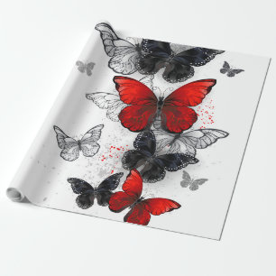 Papel De Regalo Mariposas Morpho voladoras negras y rojas
