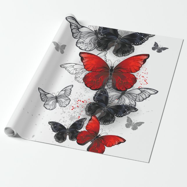 Papel De Regalo Mariposas Morpho voladoras negras y rojas (Desenrollado)