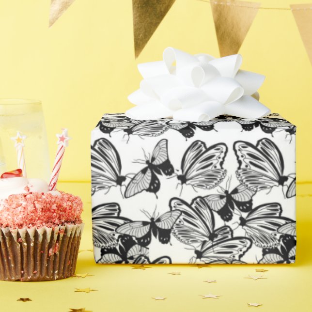 Papel De Regalo Mariposas Negras Blancas (Fiesta de cumpleaños )