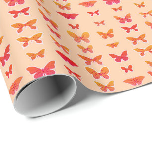 Papel De Regalo Mariposas, oro, coral, fondo de naranja suave