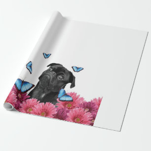 Papel De Regalo Mariposas Pug Gerbera Perro negro lindo