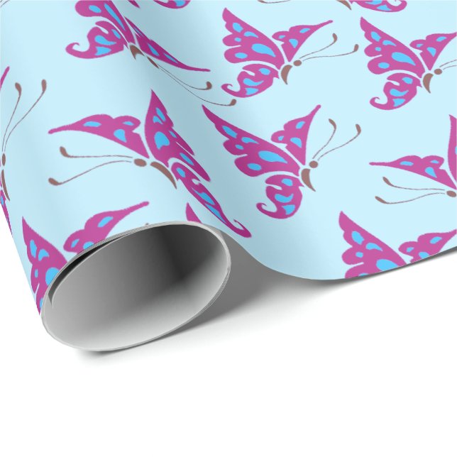 Papel De Regalo Mariposas púrpura en impresión de azul claro y mar (Esquina del rollo)