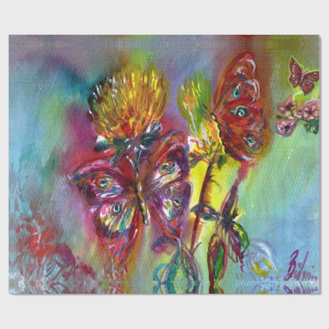 PAPEL DE REGALO MARIPOSAS ROJAS SOBRE LOS AMARILLOS AMARILLOS,AZUL (Superficie plana)