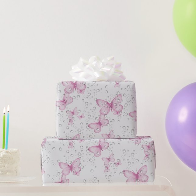 Papel De Regalo Mariposas rosas y burbujas (Regalos de fiesta)