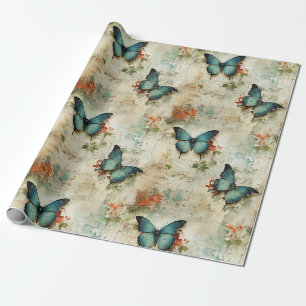 Papel De Regalo Mariposas Turquesa Vintage Floral Rústico