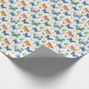 Papel De Regalo Mariposas y flores azules verdes de color amarillo