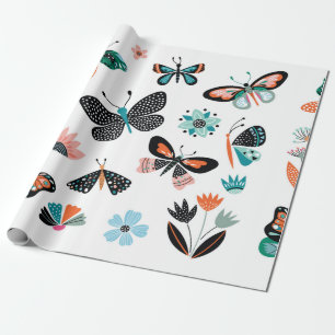 Papel De Regalo Mariposas y flores, colección dibujada a mano