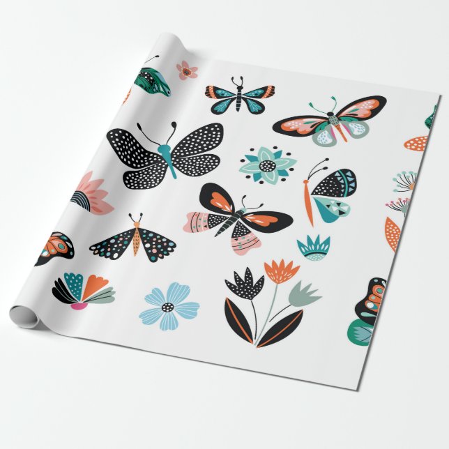Papel De Regalo Mariposas y flores, colección dibujada a mano (Desenrollado)