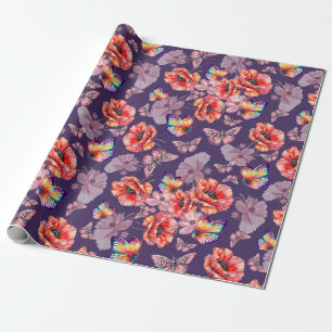 Papel De Regalo Mariposas y flores de amapola