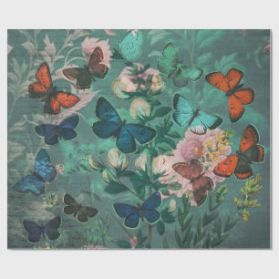 Papel De Regalo Mariposas y flores de época azul