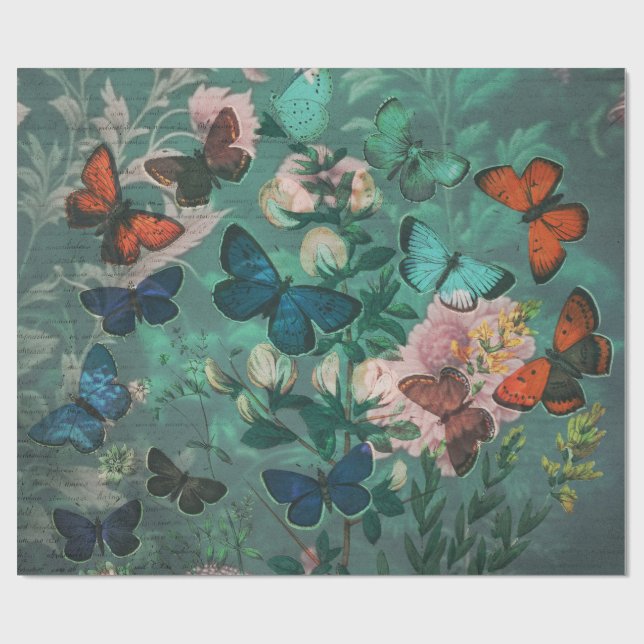 Papel De Regalo Mariposas y flores de época azul (Superficie plana)