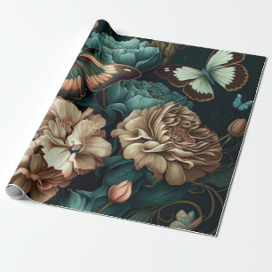 Papel De Regalo Mariposas y flores diseño clásico oscuro