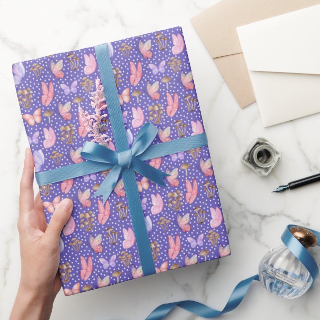 Papel De Regalo Mariposas y hongos en azul Iris (Regalar)