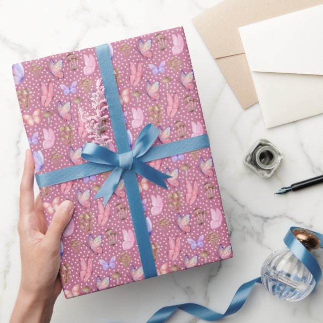 Papel De Regalo Mariposas y hongos en rosa purpés (Regalar)