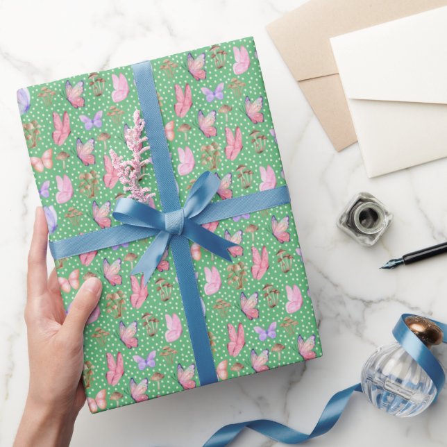 Papel De Regalo Mariposas y hongos en verde (Regalar)