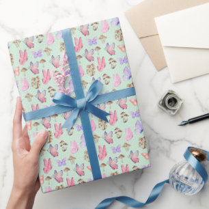 Papel De Regalo Mariposas y hongos en verde claro