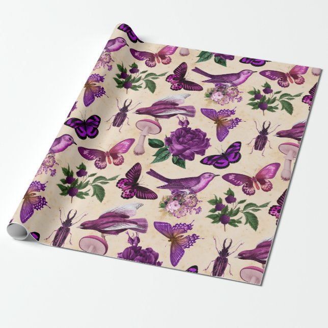 Papel De Regalo Mariposas y hongos púrpuras (Desenrollado)