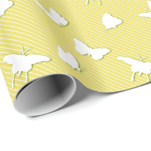 Papel De Regalo Mariposas y pinstripes - blanco sobre amarillo