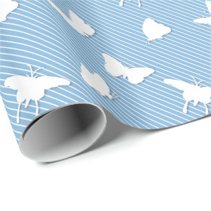 Papel De Regalo Mariposas y pinstripes - blanco sobre azul celeste
