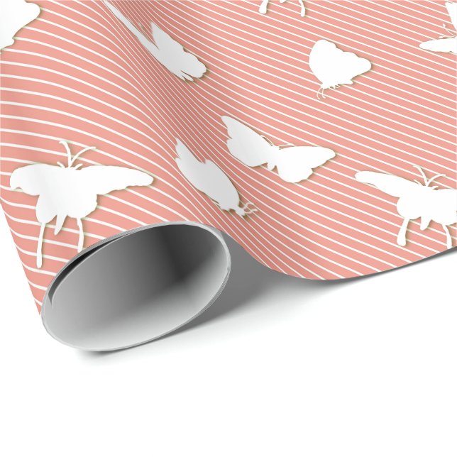 Papel De Regalo Mariposas y pinstripes - blanco sobre durazno (Esquina del rollo)