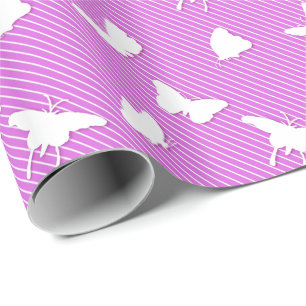 Papel De Regalo Mariposas y pinstripes - blanco sobre orquídea