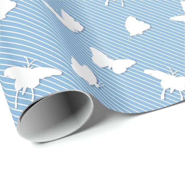 Papel De Regalo Mariposas y rayas finas - blanco sobre azul cielo (Esquina del rollo)