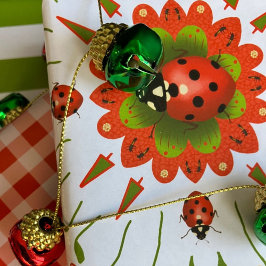 Papel De Regalo Mariquita de Navidad Roja, Verde y Blanca