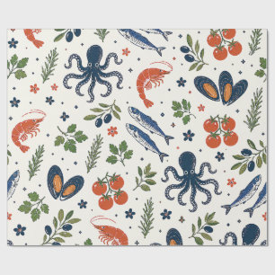 Papel De Regalo Mariscos Mediterráneos, Camarones y Pulpo Costeros