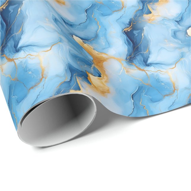 Papel De Regalo Mármol azul cielo y dorado (Esquina del rollo)